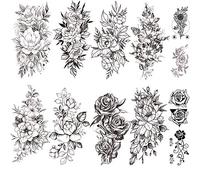 Yesallwas 12 Sheets Black Flower Tattoo Sleeves Temporary Tattoo Water Transfer Tattoo Sticker Peony Rose Tattoos Tattoo Girl Sexy Arm Tatto Body Art （B）