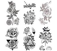 Yesallwas 6 Sheet Small Fake Rose Tattoo for Women Kids Girls, Waterproof Black Flower Temporary Tattoos Lasting Sexy Tattoos (A)