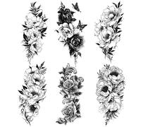 Yesallwas 6 Sheets Black Flower Tattoo Sleeves Temporary Water Transfer Sticker Peony Rose Tattoos Girl Sexy Arm Tatto Body Art
