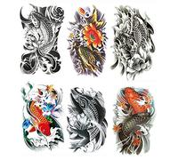 Yesallwas 6 Sheets Large Koi Tattoo Temporary Tattoo Sticker Fake Tattoos,Waterproof Lasting Body Art Makeup Sexy Realistic Arm tattoos - Black Koi Tattoos,Gold Red Carp Tattoo