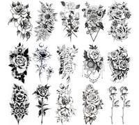 Yesallwas Temporary Tattoos For Women Girls 15 Sheets Black Flower Realistic Long-lasting Tattoo Stickers Waterproof Tattoo Sets for Arm Leg Body Art