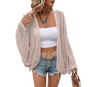 Yesfashion Womens Summer Crochet Oversized Cardigan Sweaters Lightweight Open Front Long Sleeve Kimono Boho Knit Cover Ups, Khaki, XL