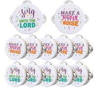 Yeshone 12 Pcs 4 Inch Natural Wooden Tambourines Bulk, Mini Pandereta with Christian Themed Prints Handheld Percussion Musical Instruments for Adults Church Worship Sunday Party Favors