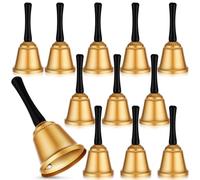Yeshone 12 Pcs Gold Metal Embossed Hand Bells Bulk Dinner Service Bell with Plastic Handles 5.9in Steel Call Bell for Wedding, Animal Training, Meditation, Musical Teaching, Church, Sick, Elderly