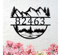 yesJRL Custom Mountain Metal Address Sign, Modern Rustic House Number Plaque, Black, 36 inches, Wall Mount, Outdoor Residential