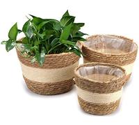 Yesland 3 Pack Seagrass Planter Basket, 25.4cm/21.6cm/18.4cm Beige Flower Pots Cover & Plant Containers, Hand Woven Basket with Waterproof Plastic Liner for Home Decor in Indoor or Outdoor