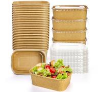 Yesland 50 Pack Compostable Take Out Food Containers with PP Lid, 25 Oz /740ml to Go Containers Rectangular Disposable Kraft Paper Bowls, Meal Prep Food Containers for Salad, Leftovers, Soup, Snack