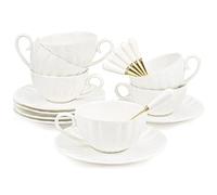 Yesland Set of 6 Royal Tea Cups and Saucers, 240ml White Porcelain Tea Set & British Coffee Cups, Latte Cups and Espresso Mug for Specia