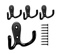 Yesmin 4 Pcs Double Prong Robe Hooks, Dual Coat Hooks Wall Mounted Hanging Clothes for Bathroom Bedroom Door Wall Retro Metal Cloth Hanger Double Coat Hooks with 8 Screws (Black)