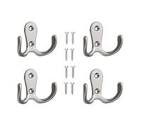 Yesmin 4 Pcs Double Prong Robe Hooks, Dual Coat Hooks Wall Mounted Hanging Clothes for Bathroom Bedroom Door Wall Retro Metal Cloth Hanger Double Coat Hooks with 8 Screws (Matte Silver)