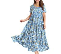 YESNO Women Dress Summer Casual Plus Size Maxi Dresses Bohemian Floral Short Sleeve Long Dress/Pockets L EJFUK CR415