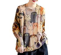 YESNO Women Long Sleeve Jumpers Oversized Graphic Knitted Sweater Crew Neck Loose Vintage Pullover Sweater Tops 2XL S01UK CR63