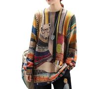 YESNO Women Long Sleeve Jumpers Oversized Graphic Knitted Sweater Crew Neck Loose Vintage Pullover Sweater Tops 3XL S01UK CR31