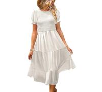 YESNO Women's Summer Causal Puff Short Sleeve Smocked Dress Elastic Waist Tiered Midi Dress with Pockets L EP2UK White