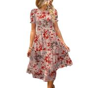 YESNO Women's Summer Causal Puff Short Sleeve Smocked Dress Elastic Waist Tiered Midi Dress with Pockets S EP2UK CR421