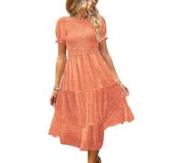 YESNO Women's Summer Causal Puff Short Sleeve Smocked Dress Elastic Waist Tiered Midi Dress with Pockets L EP2UK Orange