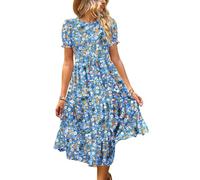 YESNO Women's Summer Causal Puff Short Sleeve Smocked Dress Elastic Waist Tiered Midi Dress with Pockets L EP2UK CR415