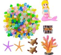 Yesnote Fish Tank Aquarium Decoration Set, Mini 100pcs Glowing Pebbles Liminous Rocks, Teatle Mermaid Starfish Coral Treasure Chest Ornaments for Micro Landscape Waterscape Fish Tank Aquarium Decor