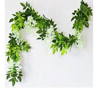 Yesoa 2 x 7FT Artificial Wisteria Vine Garland Plants Foliage Flower Hanging Flower Outdoor for Wedding Party Home Garden Wall Decoration, White