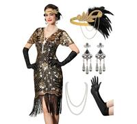 YESSA Flapper Dresses 1920s,Great Gatsby Dresses for Women Fringe Roaring 20s Costumes with 20s Accessories for Harlem Nights, Black Gold, L