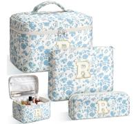 Yestar 3PCS Birthday Gifts for Girl, Initial Makeup Bag Quilted Cosmetic Bag Floral Cotton Make up Bag for Girls and Women, White, R
