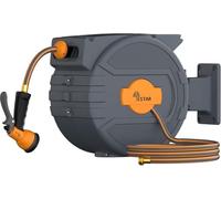 YESTAR Hose Reel 25 m + 2 m, Hose Reel with Automatic Reel & 180° Swivel, Wall Hose Box with Locking Stop & 7 Pattern Spray Nozzle, for Garden Watering and Car Washing