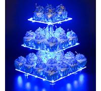YestBuy 3 Tier Square Cupcake Stand - Premium Cupcake Holder - Acrylic Cupcake Tower Display - Cady Bar Party Décor + LED Light String - Ideal for Weddings, Birthday Parties( Blue Light)