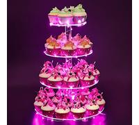 YestBuy 4 Tier Round Cupcake Stand - Premium Cupcake Holder - Acrylic Cupcake Tower Display - Acrylic Display for Pastry + LED Light String - Ideal for Weddings, Birthday Parties & Events (Pink)