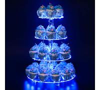 YestBuy 4 Tier Round Cupcake Stand - Premium Cupcake Holder - Acrylic Cupcake Tower Display- Cady Bar Party Décor + LED Light String - Ideal for Weddings, Birthday Parties & Events (Blue)