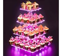 YestBuy Cupcake Stand - Premium Cupcake Holder - Cady Bar Party Décor - 4 Tier Acrylic Tower Display for Pastry + LED Light String - Ideal for Weddings, Birthday (Pink Light)