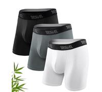 YESWEL Mens Bamboo Boxers, Longer Leg Boxer Shorts with Fly, Anti - Chafing Underwear Trunks, No Itchy Labels Underpants - Black White Grey x3, XXL