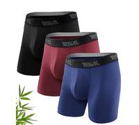 YESWEL Mens Bamboo Boxers, Longer Leg Boxer Shorts with Fly, Anti - Chafing Underwear Trunks, No Itchy Labels Underpants - Black Red Navy x3, L