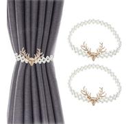 Yetaha 1Pair Curtain Tiebacks, White Pearl Bead Elastic Curtain Tiebacks with Deer Golden Buckle,Beaded Curtain Holders Holdbacks for Home Bedroom Window Decoration
