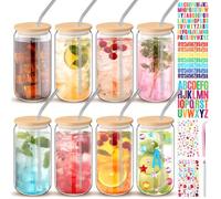 Yetene 8 Pcs 16 oz Plastic Cups with Lids and Straws Acrylic Mason Jars with Bamboo Lids Mason Jar tumblers with Sticker and Diamond for DIY Decorate Mugs Drinking for Water Beverage Beer (Clear)