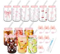 Yetene Set of 6 Coquette Bow Glass Cup 16oz Pink Bow Glass Cup with Lids and Straws Reusable Pink Bow Silicone Straw Toppers Lids Protectors