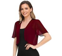Yetoun Women Bolero Shrug Soft Chiffon Open Front Sheer Short Sleeve Cropped Cardigans for Evening Dress, Wine Red, Large