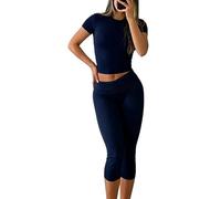 YETOWA Women's 2-Piece Activewear Set Fitted Short-Sleeve Crop Top & Capri Leggings Stretchy Soft Fabric for Yoga Gym Lounge, Navy, XL