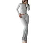 YETOWA Women's 2 Piece Casual Pajama Set-Slim Fit Long Sleeve Top Low Rise Bell Bottoms-Versatile Yoga Loungewear, Light Grey, XS