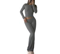 YETOWA Women's 2 Piece Casual Pajama Set-Slim Fit Long Sleeve Top Low Rise Bell Bottoms-Versatile Yoga Loungewear, Dark Grey, M