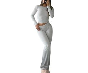YETOWA Women's 2 Piece Casual Pajama Set-Slim Fit Long Sleeve Top Low Rise Bell Bottoms-Versatile Yoga Loungewear