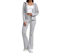 YETOWA Women's 2-Piece Lounge Outfit-Lightweight Zip-Up Hoodie with Pockets & Low Rise Flare Leggings Yoga Sweatsuit Set, Heather Grey, Large
