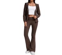 YETOWA Women's 2-Piece Lounge Outfit-Lightweight Zip-Up Hoodie with Pockets & Low Rise Flare Leggings Yoga Sweatsuit Set, Coffee, Large