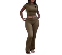 YETOWA Women's 2 Piece Lounge Outfits Slim Short Sleeve Tops Low Rise Flare Leggings Sets Yoga Sweatsuit, Dark Khaki, M