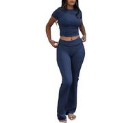 YETOWA Women's 2 Piece Lounge Outfits Slim Short Sleeve Tops Low Rise Flare Leggings Sets Yoga Sweatsuit, Navy Short-sleeved Set, L