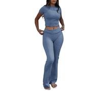 YETOWA Women's 2 Piece Lounge Outfits Slim Short Sleeve Tops Low Rise Flare Leggings Sets Yoga Sweatsuit, Airy Blue Short-sleeved Set, Small