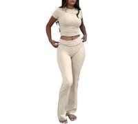 YETOWA Women's 2 Piece Lounge Outfits Slim Short Sleeve Tops Low Rise Flare Leggings Sets Yoga Sweatsuit, Khaki Short-sleeved Set, XL