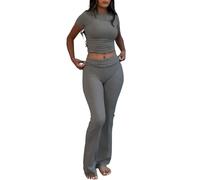 YETOWA Women's 2 Piece Lounge Outfits Slim Short Sleeve Tops Low Rise Flare Leggings Sets Yoga Sweatsuit, Dark Gray Short-sleeved Set, Small