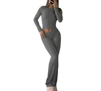 YETOWA Women's 2 Piece Lounge Set Long Sleeve Crop Top and High Waisted Flare Pants Soft Knit Loungewear Outfit, Dark Grey, M