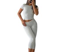 YETOWA Womens 2 Piece Workout Sets High Waisted Tummy Control Crop Top Capri Leggings Stretchy Soft Activewear
