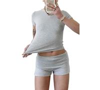 YETOWA Women's Casual Workout Two Piece Outfits Slim Short Sleeve Low Waist Foldover Shorts Tracksuit Sets Streetwear, Shorts Set:heather Grey, Small